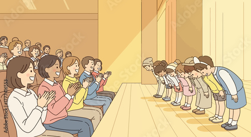 Children dressed in costumes perform a play on a stage in a classroom, celebrating creativity and childhood imagination