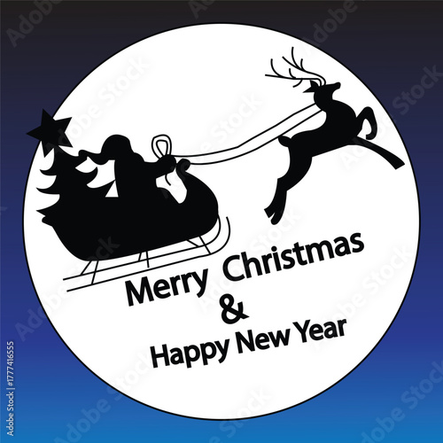 Santa Sleigh and Reindeer Merry Christmas and Happy New Year Illustration