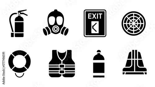 Safety and Emergency Equipment Icons Set fire extinguisher