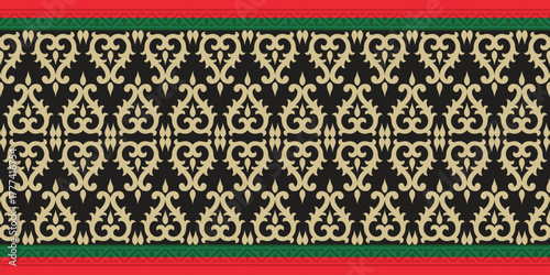 Vector illustration of Indonesian Riau Malay motif, namely the basic pattern of typical Riau carving motifs with gold, red and green colors