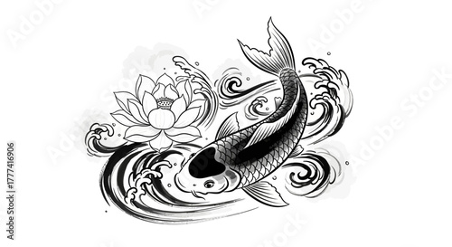 A monochromatic illustration showcasing a koi fish swimming amidst stylized waves and a lotus flower