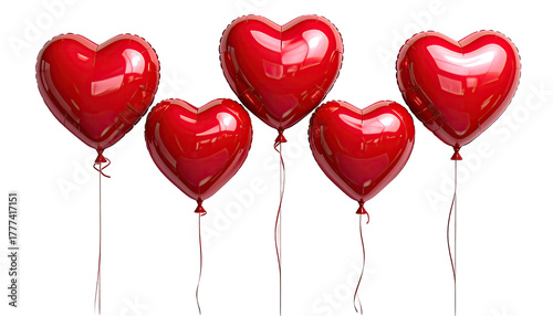 Five shiny red heart balloons on strings against a black backdrop
