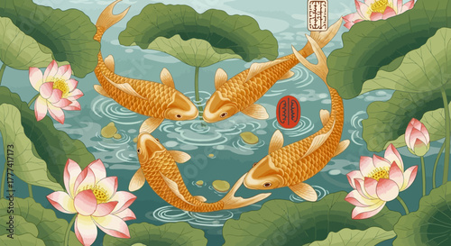 Tranquil pond tableau featuring graceful golden koi fish swimming among blossoming lotus flowers