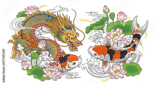 Mythical Encounter: A Golden Dragon and Koi Carp Amidst Lotus Blossoms and Gentle Waves
