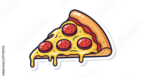 A vibrant cartoon depiction of a pepperoni pizza slice against a stark white backdrop