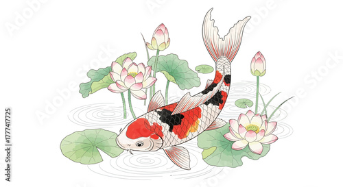 Elegant illustration of a koi fish swimming amidst lotus flowers in a tranquil pond scenery