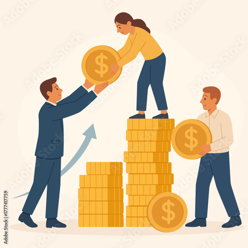 Vector illustration of office workers stacking golden coins together, symbolizing business growth, teamwork, and financial success. Great for financial blogs, investment websites.