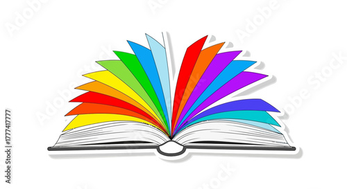 Open rainbow book sticker on white background, symbolizing learning and diversity through knowledge