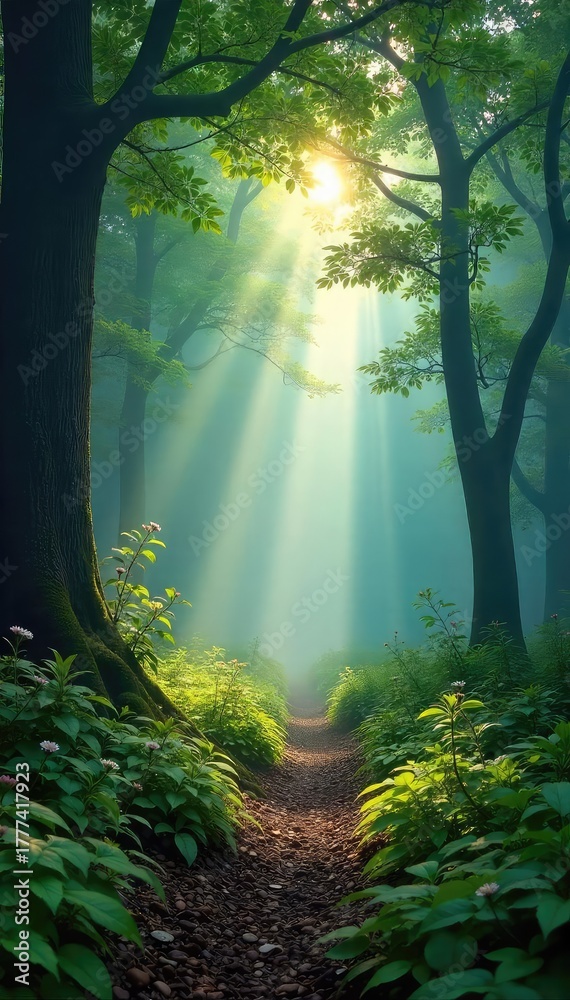 Obraz premium Misty morning in a lush forest, sunlight dappling through leaves, creating a mystical, breath-taking scene The air is still and fresh, a feeling of serenity and peace pervades , landscape, fresh