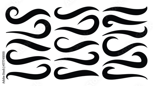 Hand drown swirl swashes. Abstract Swash Vector Pack. Swish typography font elements for athletics, baseball, football decoration. Calligraphy swirls, text tails swoosh vector illustration. 