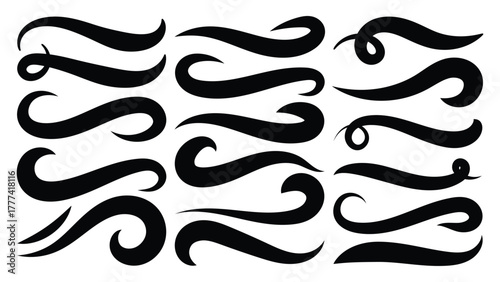 Hand drown swirl swashes. Abstract Swash Vector Pack. Swish typography font elements for athletics, baseball, football decoration. Calligraphy swirls, text tails swoosh vector illustration. 