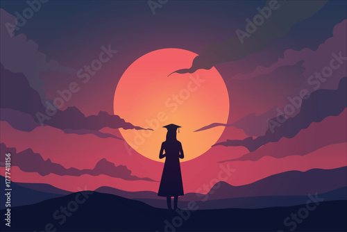 mental state concept, life stage, mix emotion of a lonely silhouette new graduate facing an uncertain future, vector 