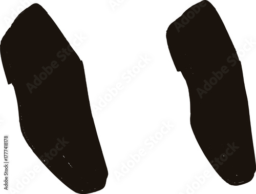 The image you described features two dark, silhouetted shapes that resemble pairs of shoes, set against a white background. victor