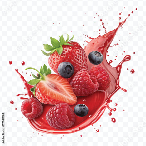 realistic cranberry  fruits with red liquid juice splash in different style isolated on transparent background