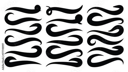 Hand drown swirl swashes. Abstract Swash Vector Pack. Swish typography font elements for athletics, baseball, football decoration. Calligraphy swirls, text tails swoosh vector illustration. 