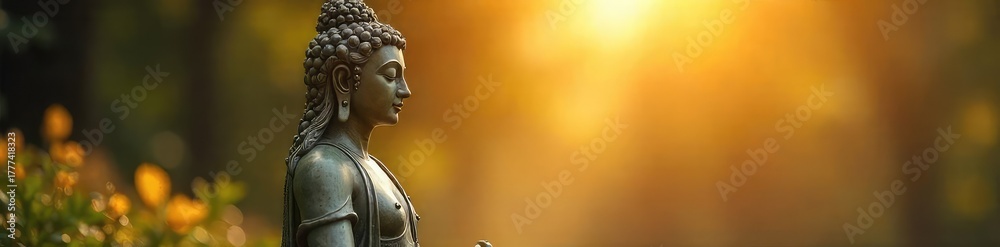 Obraz premium Serene goddess statue, bathed in soft sunlight, embodying spiritual awakening and inner peace Perfect for meditation, yoga, and spiritual content , ethereal, mindfulness