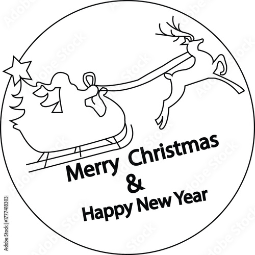 Merry Christmas and Happy New Year Santa Sleigh and Reindeer Line Art Vector