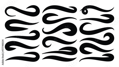 Hand drown swirl swashes. Abstract Swash Vector Pack. Swish typography font elements for athletics, baseball, football decoration. Calligraphy swirls, text tails swoosh vector illustration. 