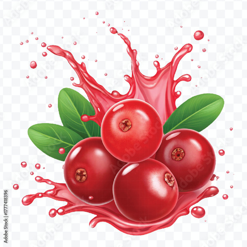 realistic cranberry  fruits with red liquid juice splash in different style isolated on transparent background