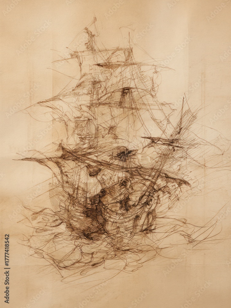 Fototapeta premium Detailed pencil sketch of a sailing vessel on aged paper background