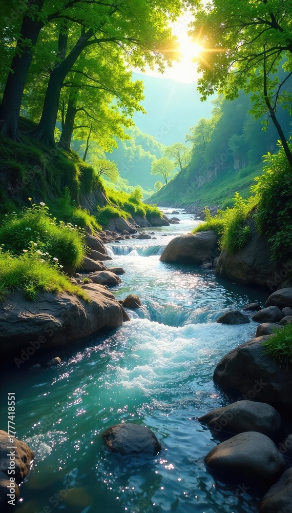 Naklejka premium Serene river flows effortlessly through a lush green valley, sunlight dappling the surface The tranquil scene evokes a sense of peace and natural beauty , grass, creek, flowing river
