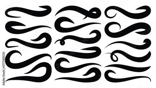Hand drown swirl swashes. Abstract Swash Vector Pack. Swish typography font elements for athletics, baseball, football decoration. Calligraphy swirls, text tails swoosh vector illustration. 