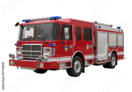 Isolated red fire truck ready for emergency response, side view, no branding, modern equipment