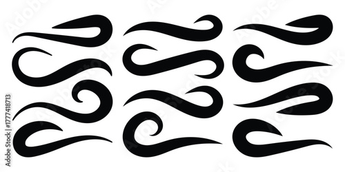 Swooshes text tails, swash underline. Texting tail for lettering or old varsity sport logo vector for apps or web retro style. Hand drawn swirl swoosh underline.