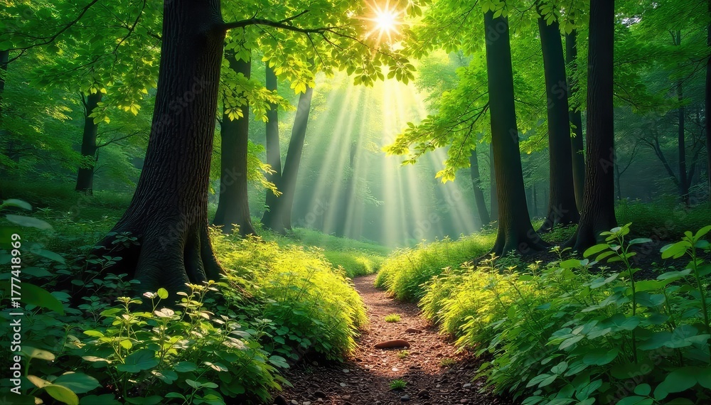 Obraz premium Sun-dappled forest floor in a pristine wilderness area, lush green canopy overhead, sunlight filtering through leaves, peaceful and serene nature scene , vegetation, wild