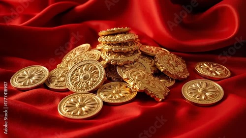 Golden coins shimmer on rich red silk, an opulent treasure trove hinting at wealth, luxury, and historical adventure, perfect for elegant designs