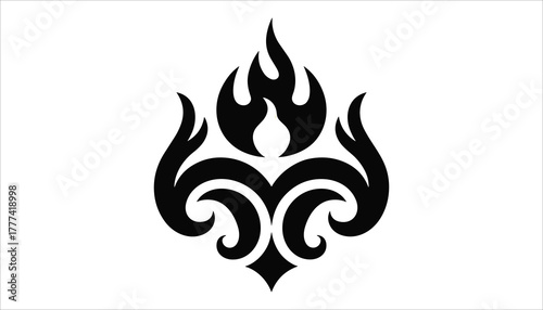 Black tribal flame and scrollwork design element on white background fire