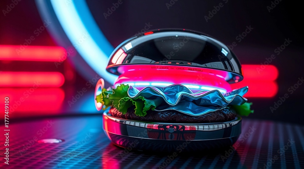 Fototapeta premium Futuristic Metallic Hamburger Chrome Sci-Fi Neon