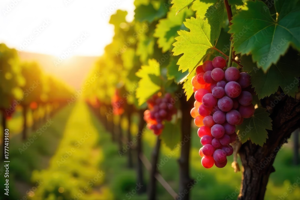 Fototapeta premium Sun-drenched rows of ripe grapes hanging heavy on the vine, ready for harvest in a picturesque vineyard Golden sunlight illuminates the lush landscape , vineyard, winery