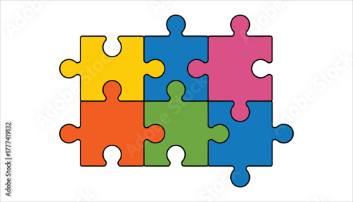 Six colorful puzzle pieces yellow blue pink orange green and blue arranged in a grid on white background