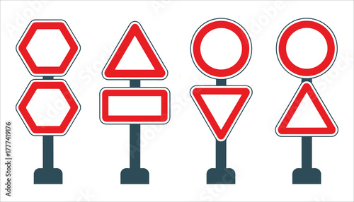 Collection of European traffic signs including stop yield and prohibition signs on white background road sign