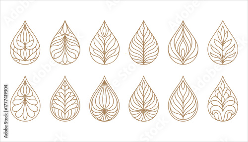 Collection of twelve decorative teardrop shaped line art elements with floral leaf patterns in gold brown