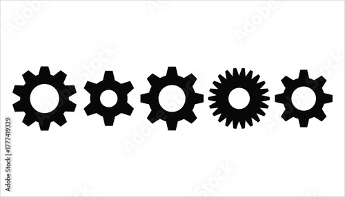 Five black gear icons of varying sizes and tooth counts arranged horizontally on a white background cogwheel