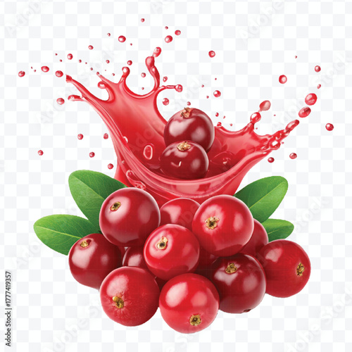 realistic cranberry  fruits with red liquid juice splash in different style isolated on transparent background