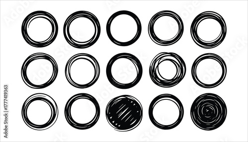 Collection of fifteen hand drawn black circular outlines and scribbled circles on a white background