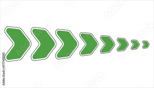 Series of green rounded chevron arrows increasing in size from right to left on white background vector