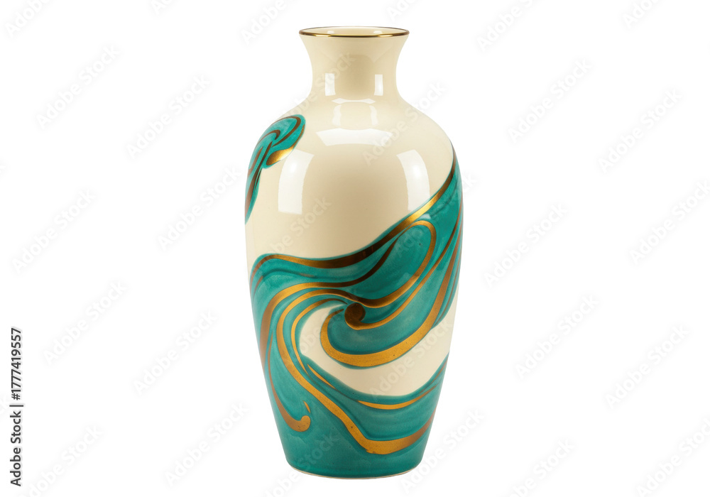 Naklejka premium Isolated art vase with green and gold swirls, ornate pottery vase, decorative design