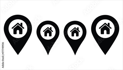 Four black house location pin icons on a white background house icon map marker