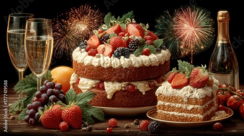 Festive Celebration Dessert Table with Strawberries and Fireworks