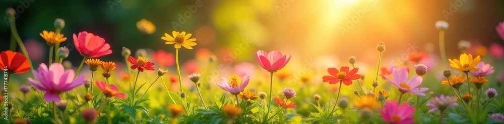Fototapeta premium Vibrant wildflowers basking in the warm glow of sunlight, a picturesque scene of nature's beauty Perfect for spring, summer, or nature themes , flora, vegetation