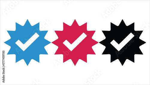 Three starburst badges with white check marks in blue red and black on white background tick symbol