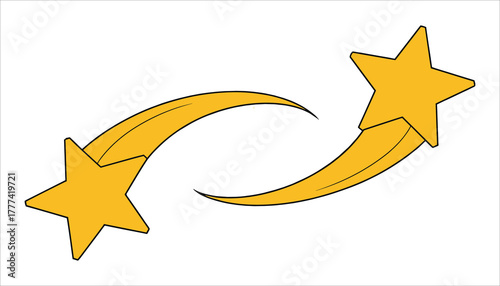 Two yellow shooting stars with black outlines curving towards each other on a white background comet