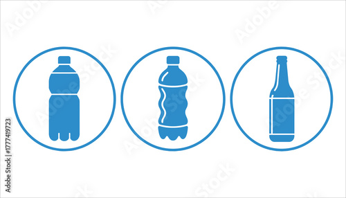 Three blue beverage bottles and containers in circular frames on white background drink liquid