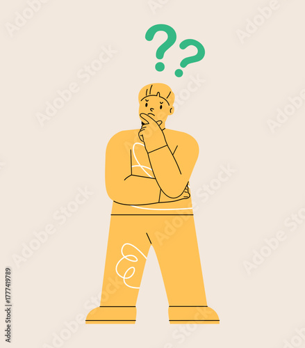 Boy think and wonder. Colorful vector illustration