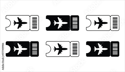Six airplane ticket icons in black and white with airplane silhouettes and barcodes airline ticket boarding pass