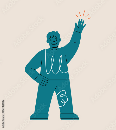 Boy greeting, waving with hand, hi gesture. Colorful vector illustration